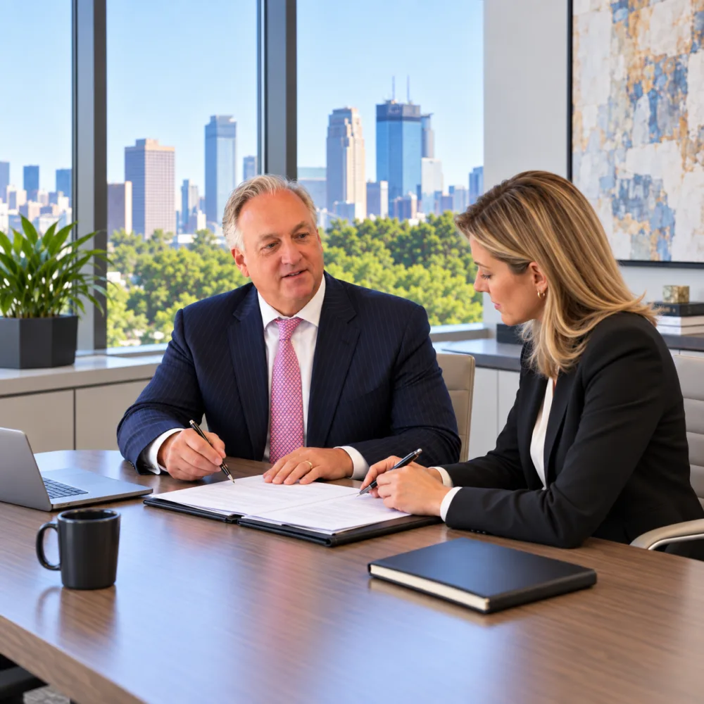 Attorney John Cameron reviews a contract with a client