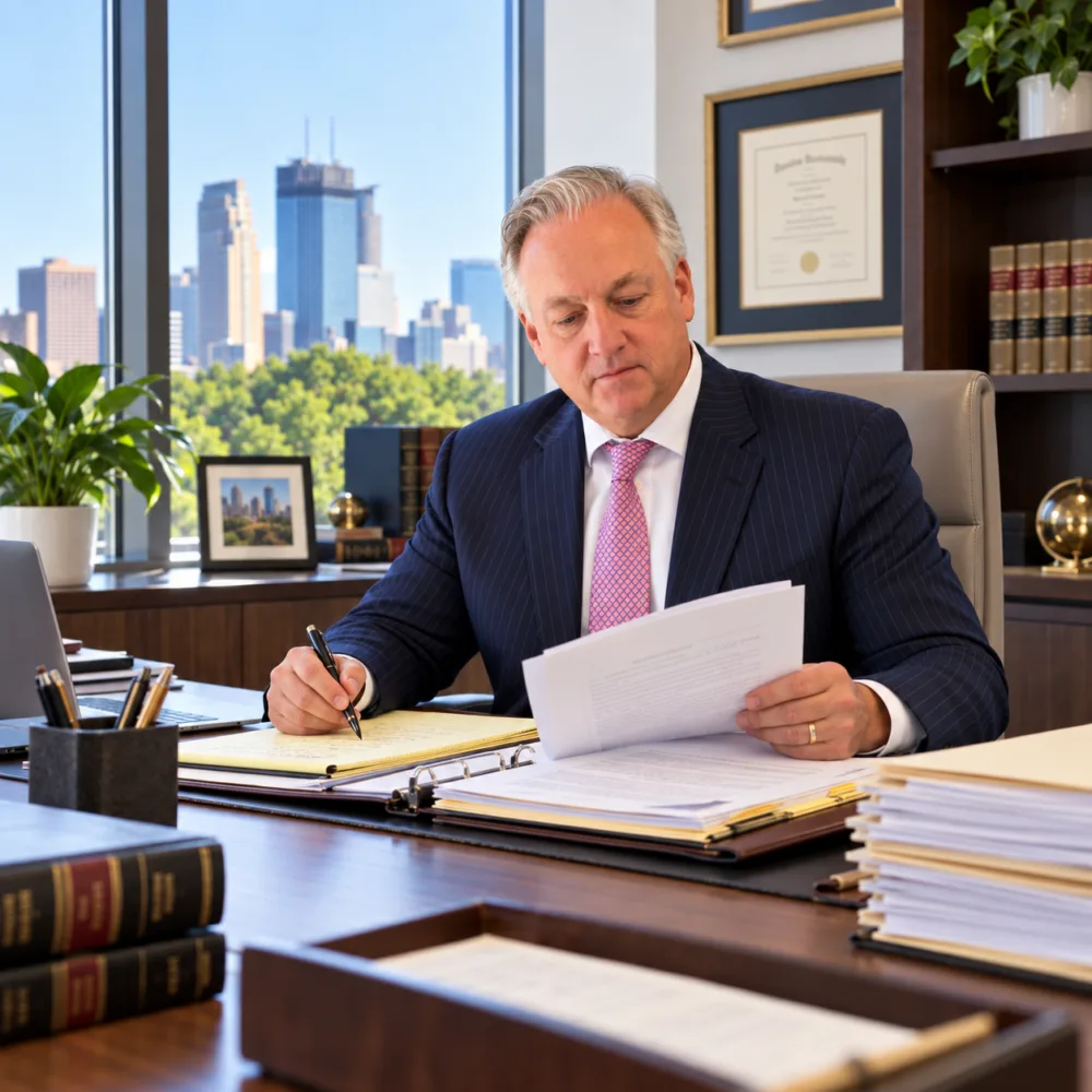 Attorney John Cameron reviewing files preparing for litigation